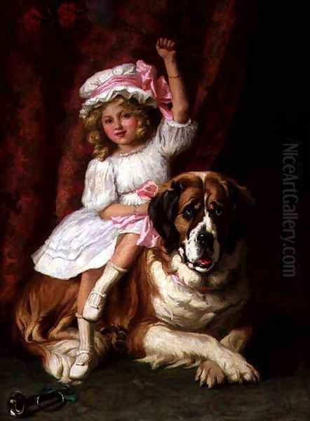 A young girl on the back of a St. Bernard Dog, 1909 Oil Painting by Margaret Collyer