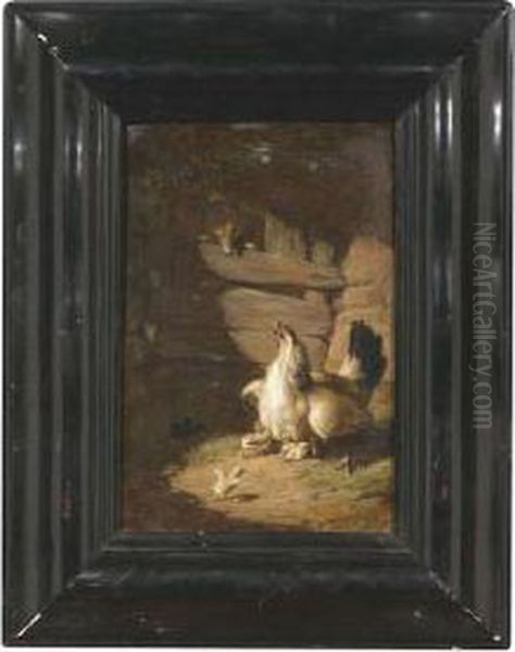 A Fox Peeping Into A Henhouse Oil Painting by Federico Jimenez y Fernandez