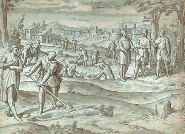 Figures unearthing a corpse, with other figures in the background, a city beyond Oil Painting by Pedro de Campana