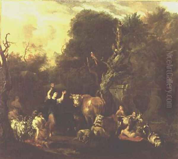 A Figure Dancing Amongst a Resting Herd of Cattle Oil Painting by Michiel Carre