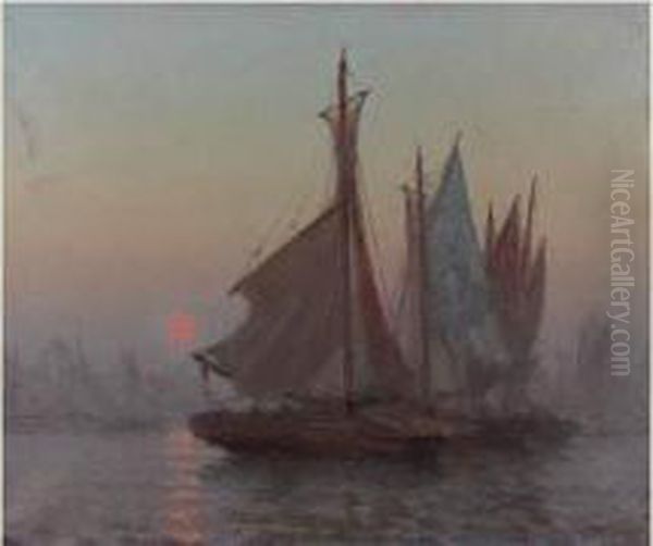 Lever De Lune (la Rochelle) Oil Painting by Paul C.F. Jobert