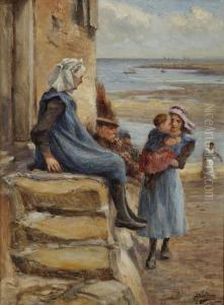 Staithes Fisher Children Oil Painting by Robert Jobling