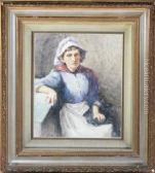 A Portrait Of A Fishergirl Wearing A Lilac Staithes Bonnet Oil Painting by Robert Jobling