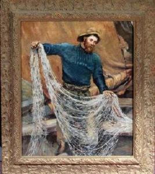 A Fisherman Unloading A Net Oil Painting by Robert Jobling