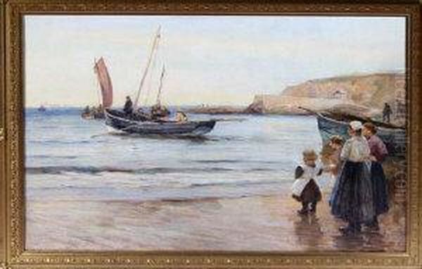 Fishing Cobles At Cullercoats Oil Painting by Robert Jobling