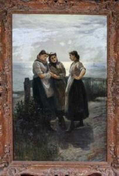 Three Cullercoats Fishergirls Oil Painting by Robert Jobling