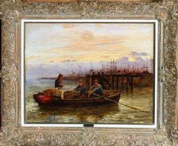 Four Fishermen In A Rowing Boat At Dusk Oil Painting by Robert Jobling