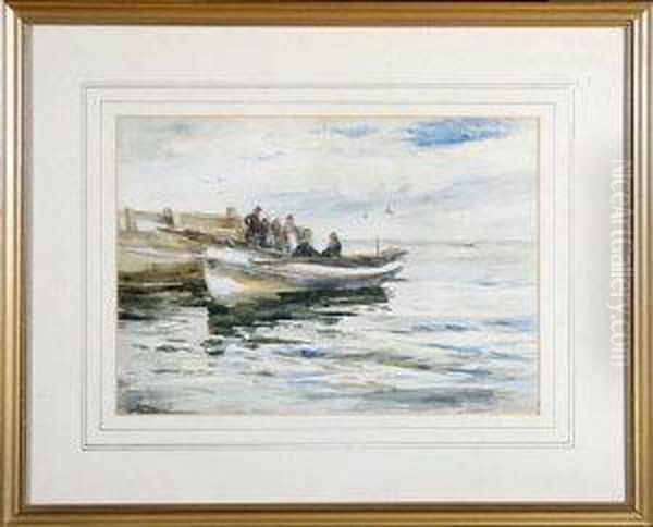 A View On The Yorkshire Coast With A Coble Moored At A Jetty Oil Painting by Robert Jobling