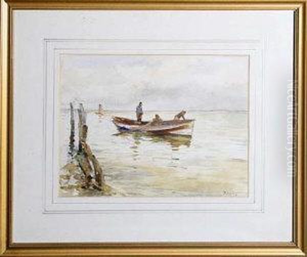 Three Fishermen In A Coble Oil Painting by Robert Jobling