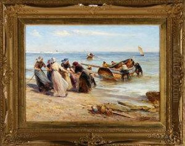 Hauling In The Coble Oil Painting by Robert Jobling