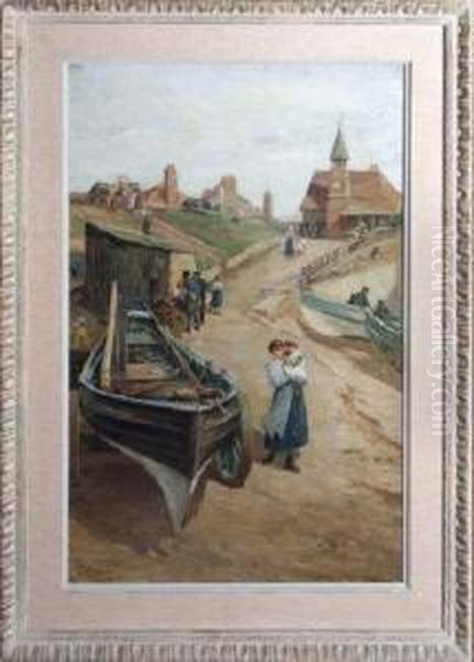 A Northern Fisher Town Oil Painting by Robert Jobling