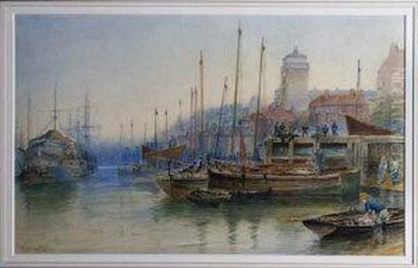 North Shields Harbour With 
Fishing Boats In The Foreground And The Wellesley In The Middle Distance Oil Painting by Robert Jobling