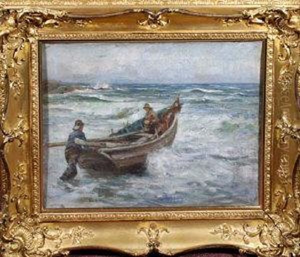 Two Fishermen Launching A Coble Off A Beach Oil Painting by Robert Jobling