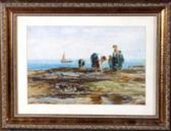 Fishergirls On The Rocks Near Cullercoats Oil Painting by Robert Jobling