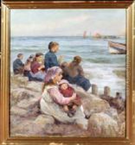 Children On The Rocks At Staithes Harbour Watching The Departure Ofthe Fishing Fleet. Oil Painting by Robert Jobling