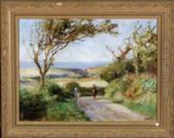 A Yorkshire Coastal Landscape With A Horseman Conversing With Awoman In The Foreground Oil Painting by Robert Jobling