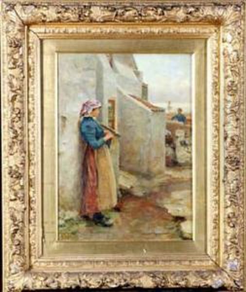 A Staithes Fishergirl Standing Outside A Cottage Knitting Oil Painting by Robert Jobling