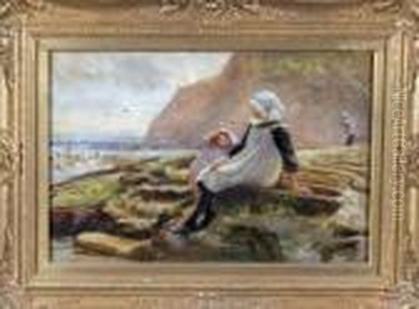 Fishergirls On The Yorkshire Coast Oil Painting by Robert Jobling