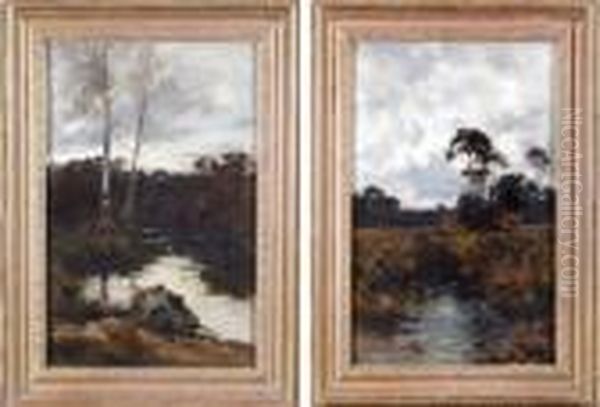 River Landscapes With Trees And Distant Farm Buildings Oil Painting by Robert Jobling