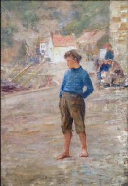 Staithes Fish Quay With A Young Fisher Boy Looking Out To Sea. Oil Painting by Robert Jobling