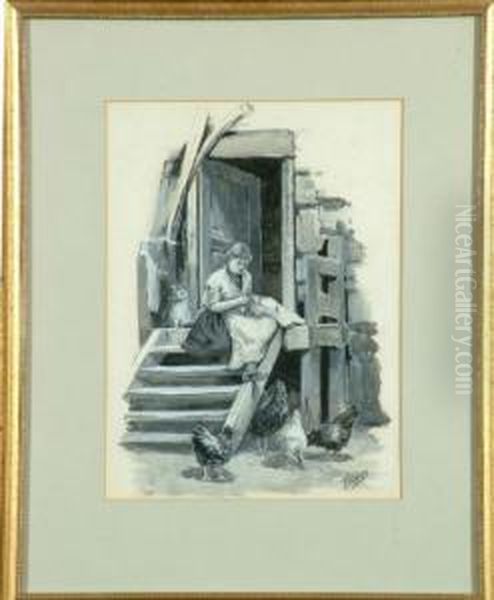 A Fishergirl Knitting On The 
Steps At Sparrow Hall, North Shields - A Study In Monochrome Oil Painting by Robert Jobling