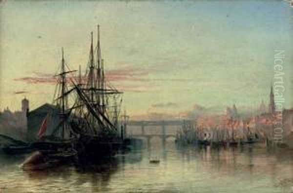 The River Tyne, Newcastle: Sunset Oil Painting by Robert Jobling