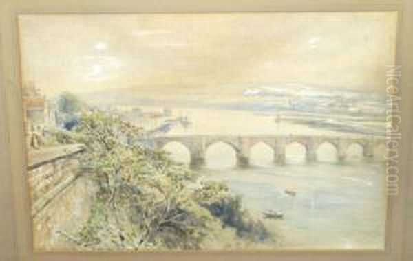 View Of A Bridge And River With 
Figures Beside Cottages Nearby, Possibly A Scene On The Tyne Signed Oil Painting by Robert Jobling