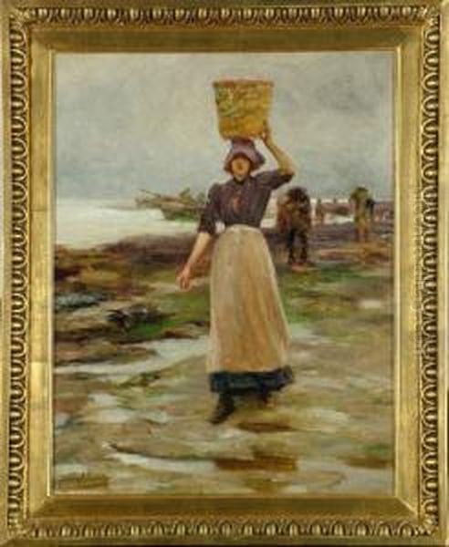 A Staithes Fishergirl Bringing Up A Basket Of Fish From Boats On The Shore Oil Painting by Robert Jobling