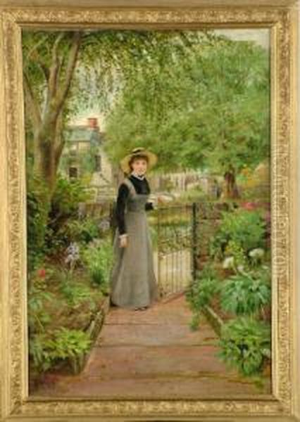 A Young Woman At A Garden Gate - Possibly Ovingham, Northumberland Oil Painting by Robert Jobling