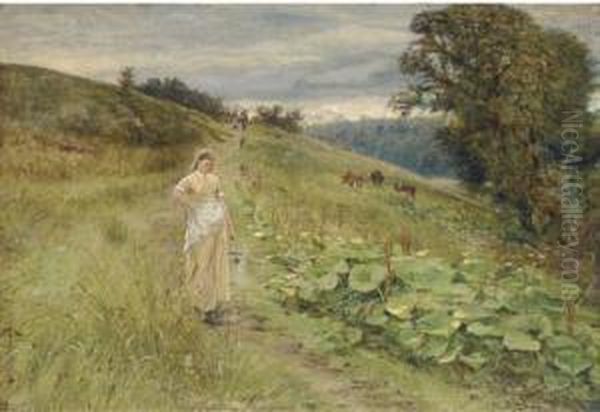 A Milkmaid In A Meadow Oil Painting by Robert Jobling