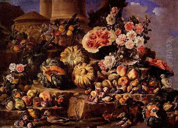 Still Life Of Fruit And Flowers On A Stone Ledge With Birds And A Monkey Oil Painting by Michele Pace Del (Michelangelo di) Campidoglio