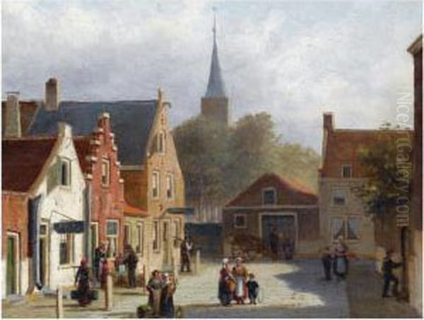 Many Figures On The Sunlit Square Of A Dutch Town Oil Painting by Frederick Hulk Johannes