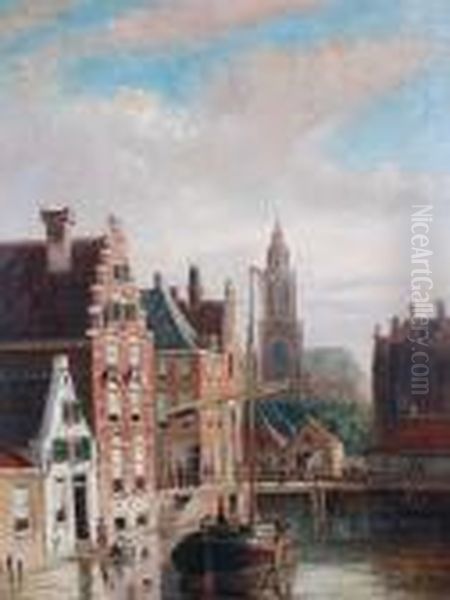 Dutch Canal Scenes Oil Painting by Frederick Hulk Johannes