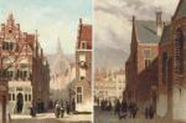 Bustling Dutch Street Scenes Oil Painting by Frederick Hulk Johannes