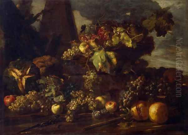 Still-Life with Grapes Oil Painting by Michele Pace Del (Michelangelo di) Campidoglio