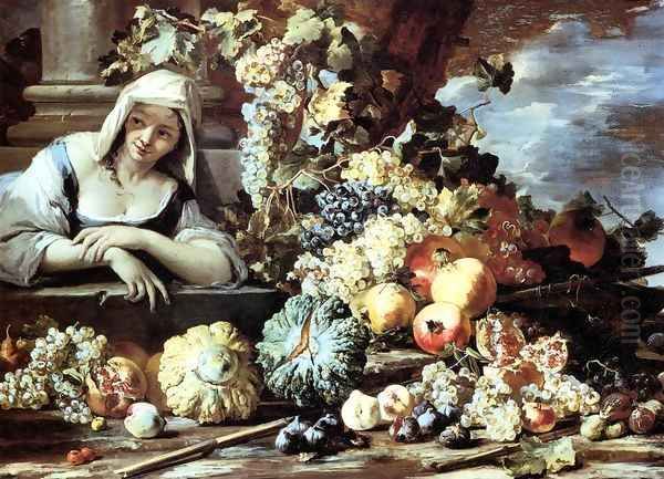 Still-Life with a Female Figure Oil Painting by Michele Pace Del (Michelangelo di) Campidoglio