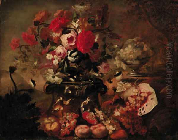 Still life of mixed flowers in an urn on a pedastal with fruit and a bowl of grapes in a landscape Oil Painting by Michele Pace Del (Michelangelo di) Campidoglio