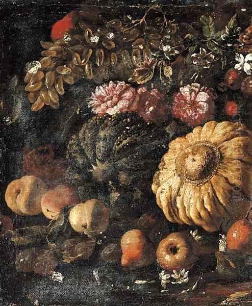 Two pumpkins, grapes, peaches and pears, roses and other flowers in a landscape Oil Painting by Michele Pace Del (Michelangelo di) Campidoglio