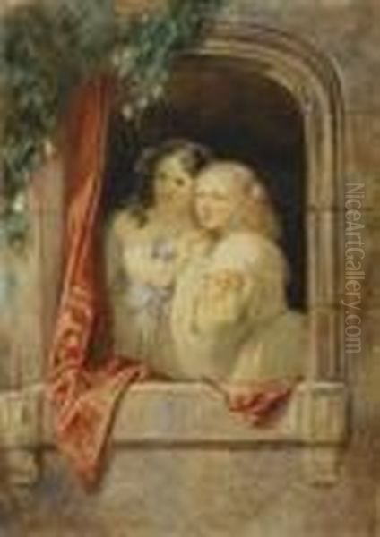 Expectations. Two Young Ladies 
In The Window Niche, Their Gaze Travelling. Signed And Dated Bottom 
Right: Tony Johannot 1847 Oil Painting by Tony Johannot