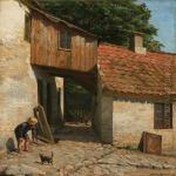 Boy Playing With A Catin A Yard Oil Painting by Axel Johansen