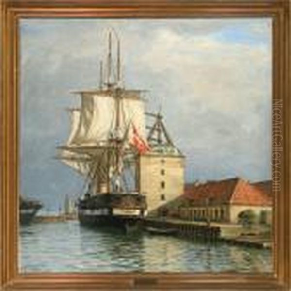 The Frigate Jylland In Copenhagen Harbor Oil Painting by Axel Johansen