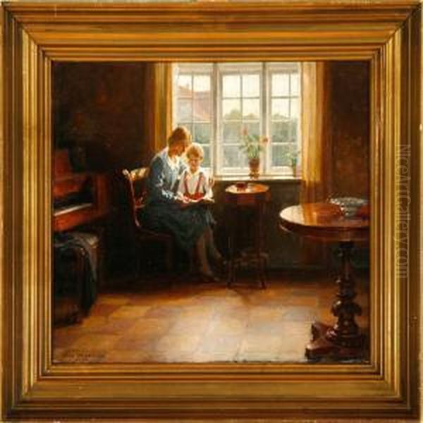 Interior With A Motherand Her Child Oil Painting by Axel Johansen