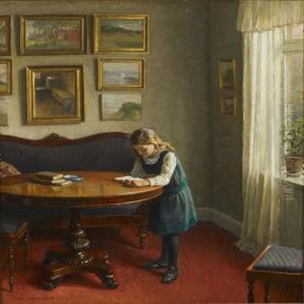 Interior With Girlreading By A Table Oil Painting by Axel Johansen