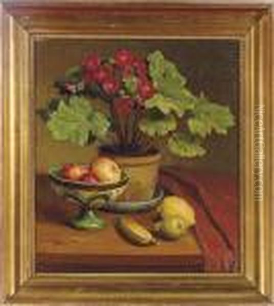 Still Life Of A Pot Of Primula And Fruit On A Table Oil Painting by Axel Johansen