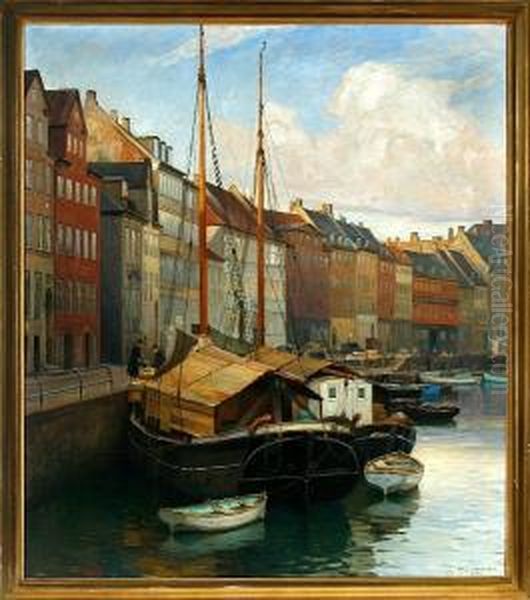 Canal Scenery From Copenhagen, Denmark Oil Painting by Axel Johansen