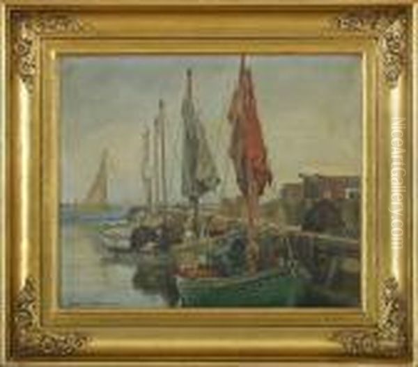 Harbour Scene With Fishing Boats Oil Painting by Axel Johansen