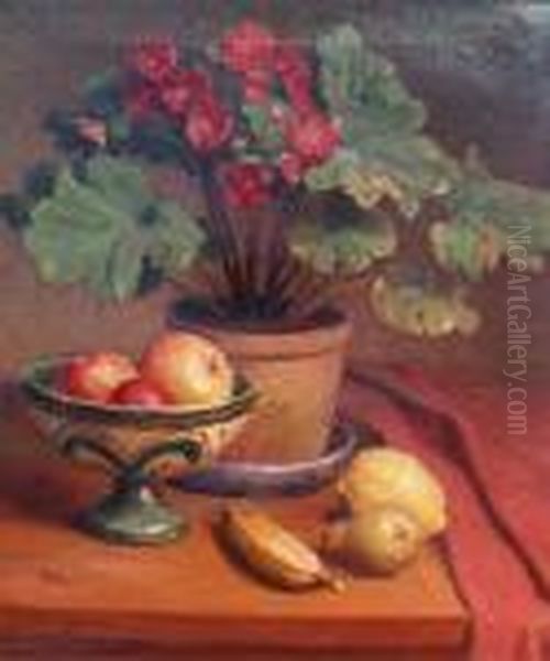 Potted Plant And Fruit Oil Painting by Axel Johansen