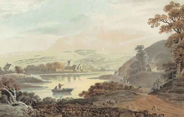 A wooded river landscape with a ferry in the foreground and a village beyond Oil Painting by John Henry Campbell