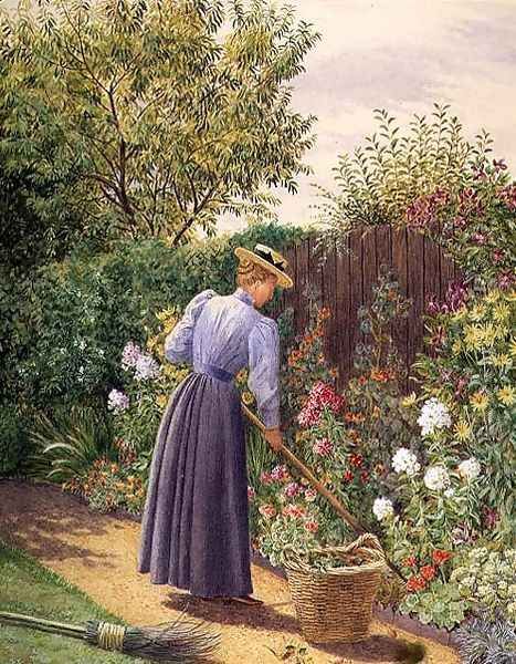 Lady gardening in a herbaceous border Oil Painting by Marian Emma Chase