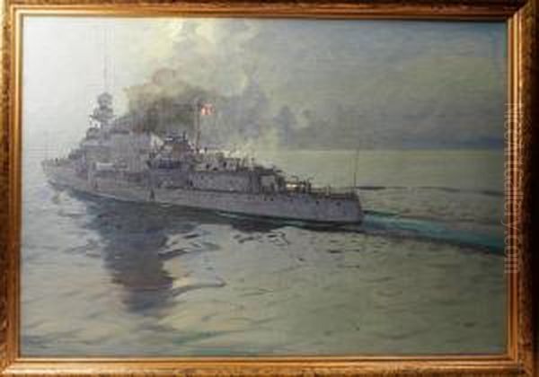 D-class Kryssare Pa Oppet Hav Oil Painting by Arvid Johansson